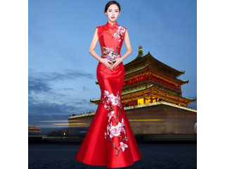Vestido Tradicional Chinês Noiva Sereia Cauda Longo Manga Curta S=P até 3XL=3GG